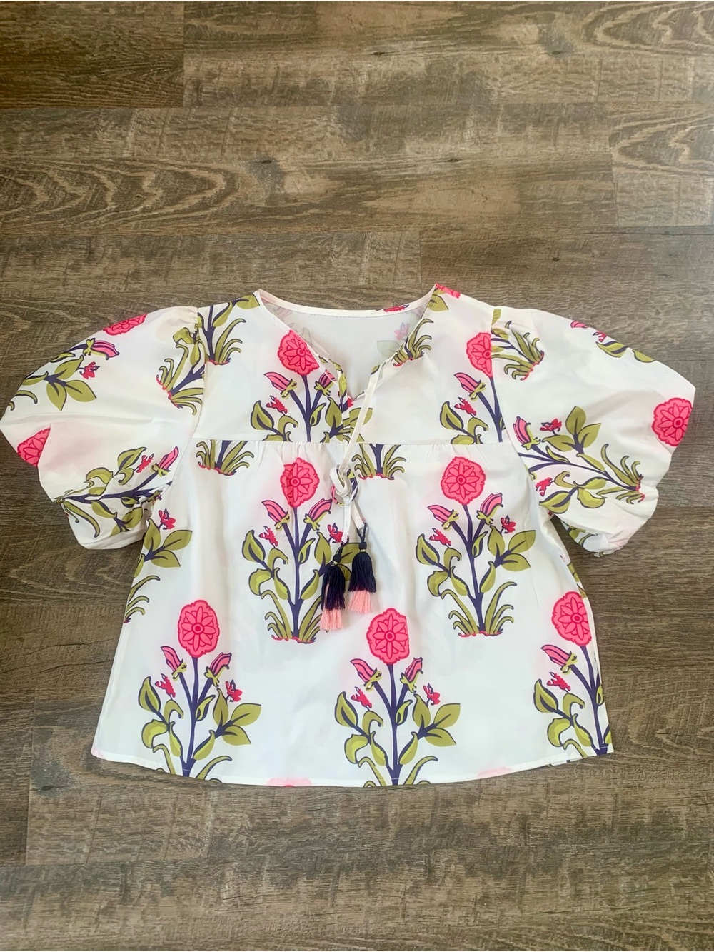 White  Maximalist  Tassel Peasant Blouse with Pink & Olive Motif with Tassels